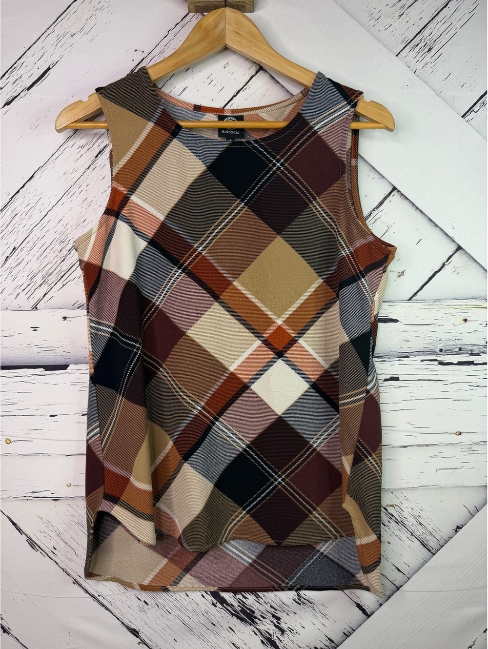 Bobeau Sleeveless Plaid Fall Chic Earthy Academia Blouse Tank Women’s Small